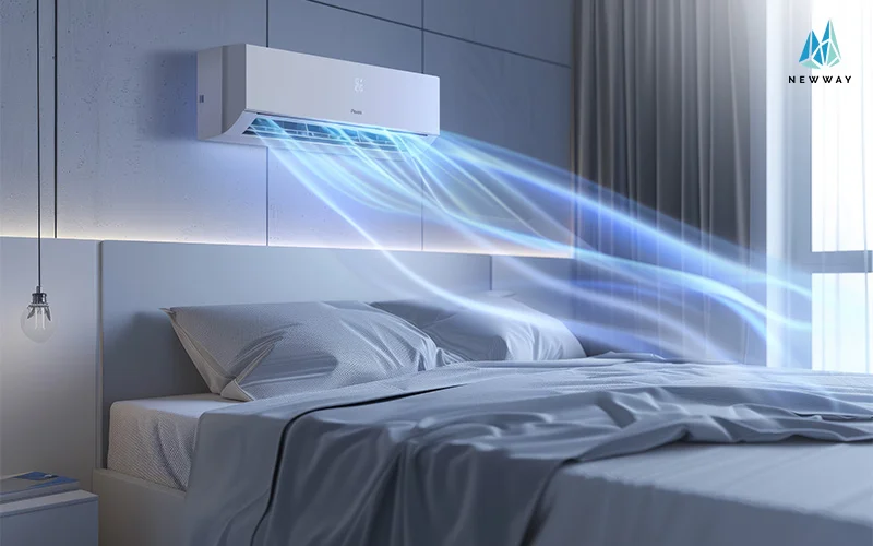 Air conditioner blowing cool air above bed.
