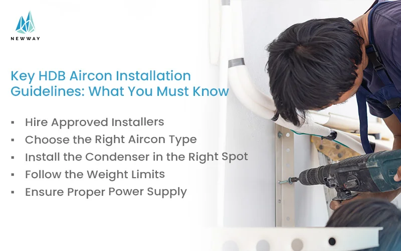 Aircon installation guidelines with a technician working in the background