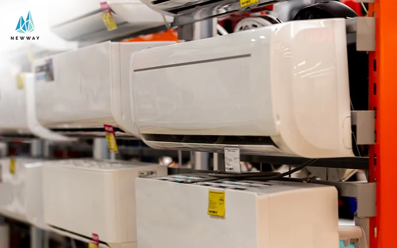 Multiple air conditioning unites on display in a showroom