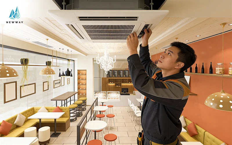 Newway technician installing energy-efficient cassette aircon under EEG grant