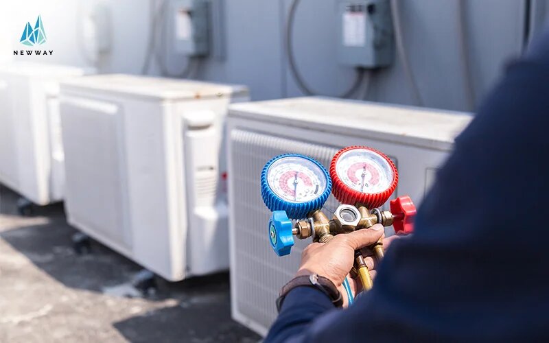 Aircon servicing using manifold gauge in outdoor unit area